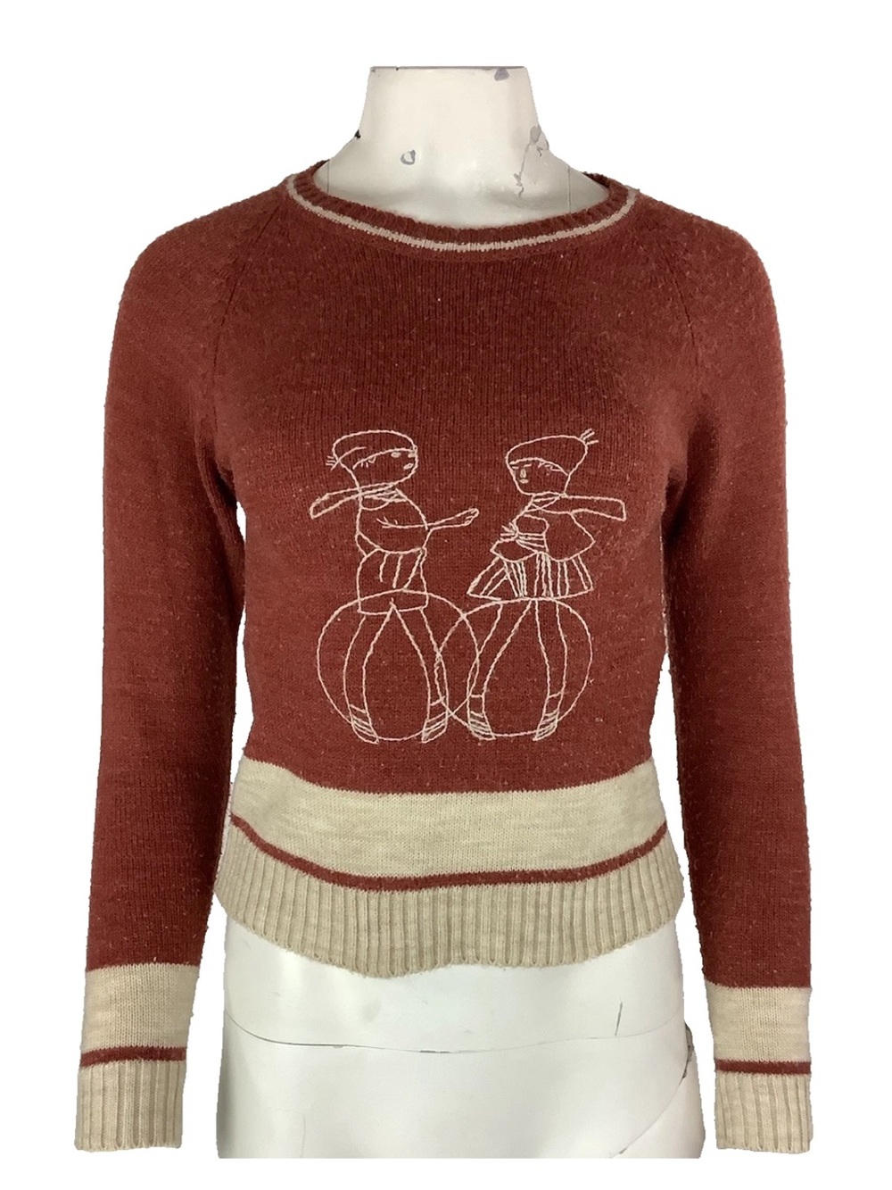 Vintage 70's Collage Womens Sz XS Graphic Embroidered Pullover Sweater Tan